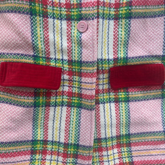 PERFECT CONDITION -Mini Boden Pink Plaid Pea Coat with Red and Green Accents - Picture 4 of 7